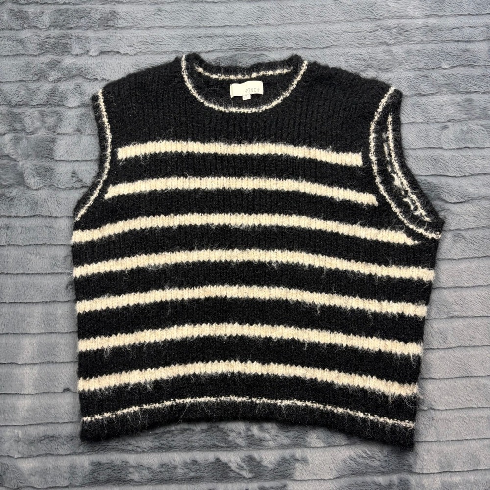 Pinch Womens Black White Striped Fuzzy Wool Blend Knit Sweater Vest Size Medium